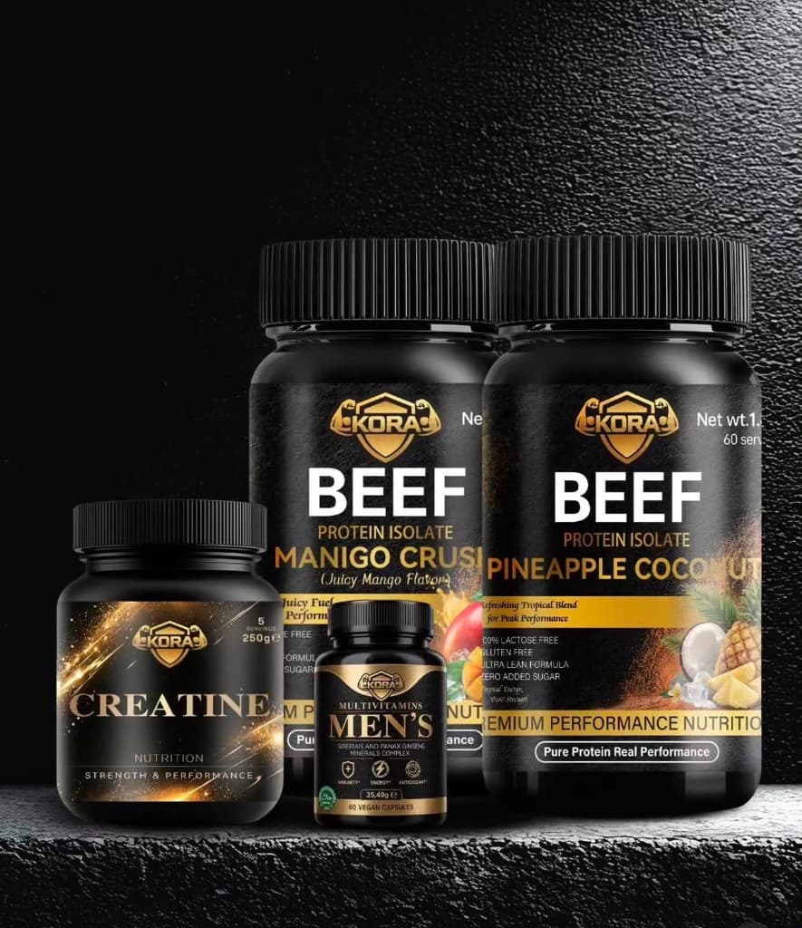 KORA product lineup: Beef Protein Isolate, Creatine and Men's Multivitamins
